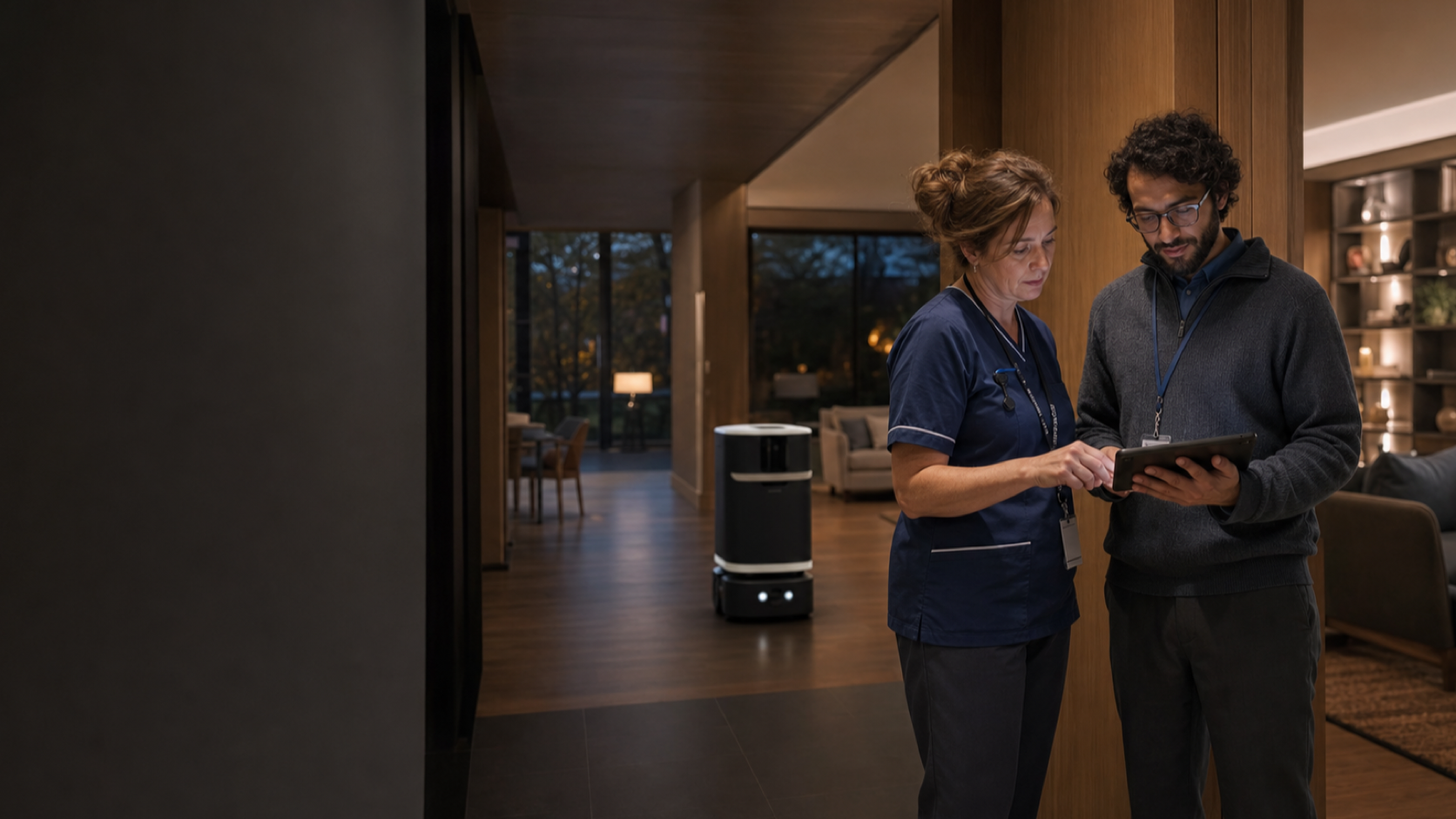 A care professional and technical operator review an event while a service robot waits in the background.