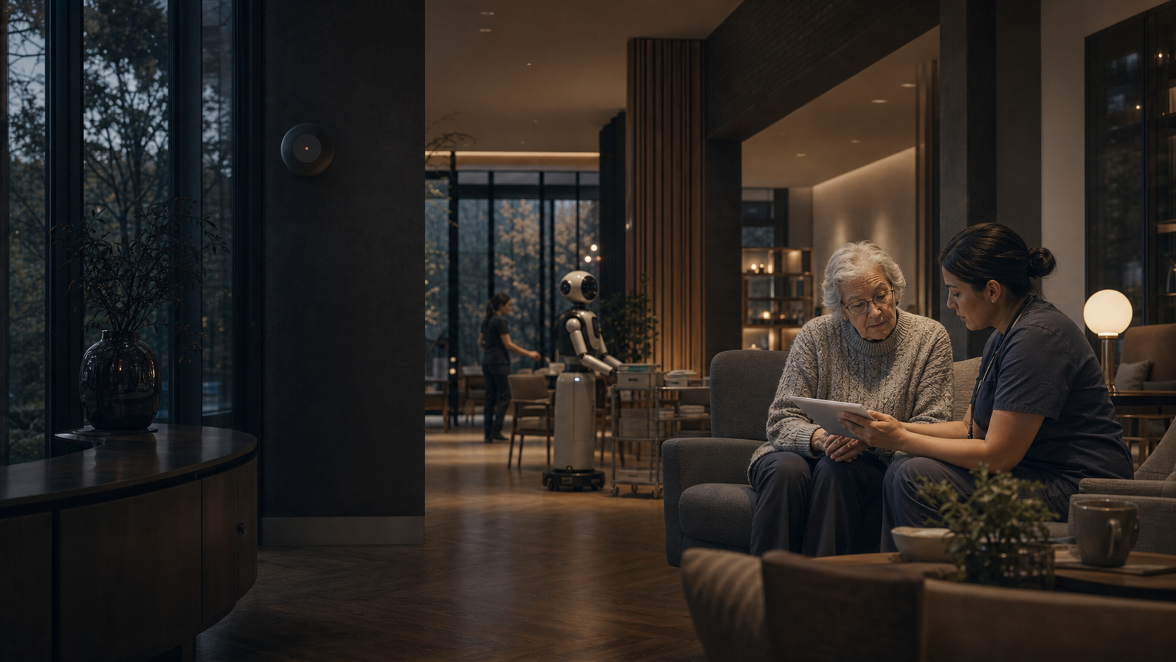 An older resident and care professional review information while a service robot works in the background.