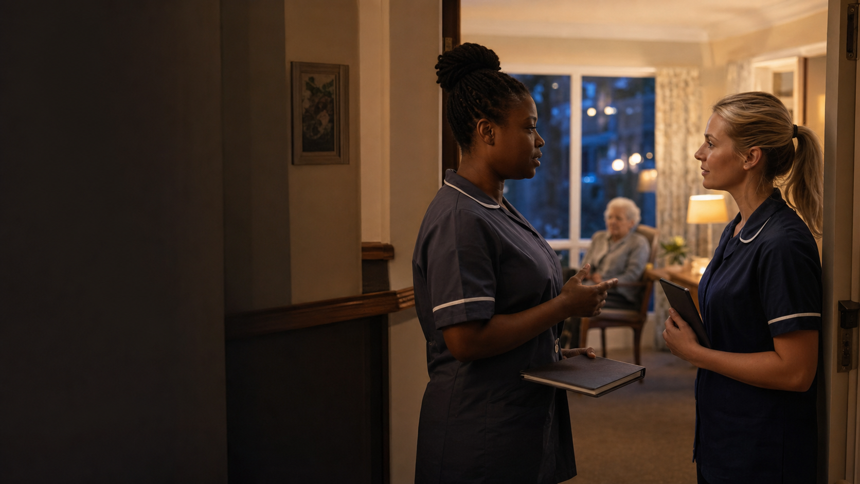 Two care workers share a shift handover while an older resident sits in the nearby lounge.