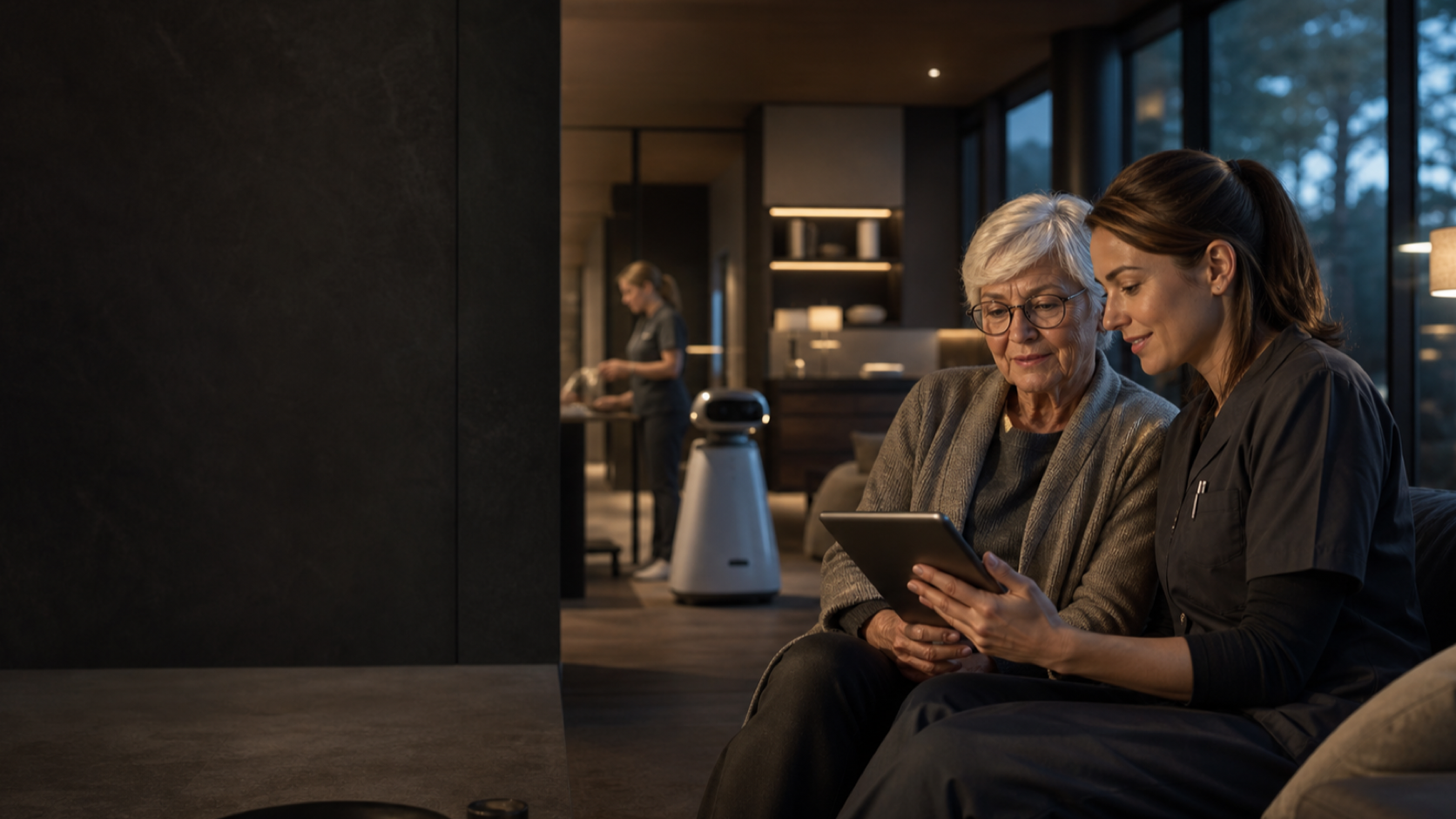 An older resident and care professional review information together in a contemporary care environment.