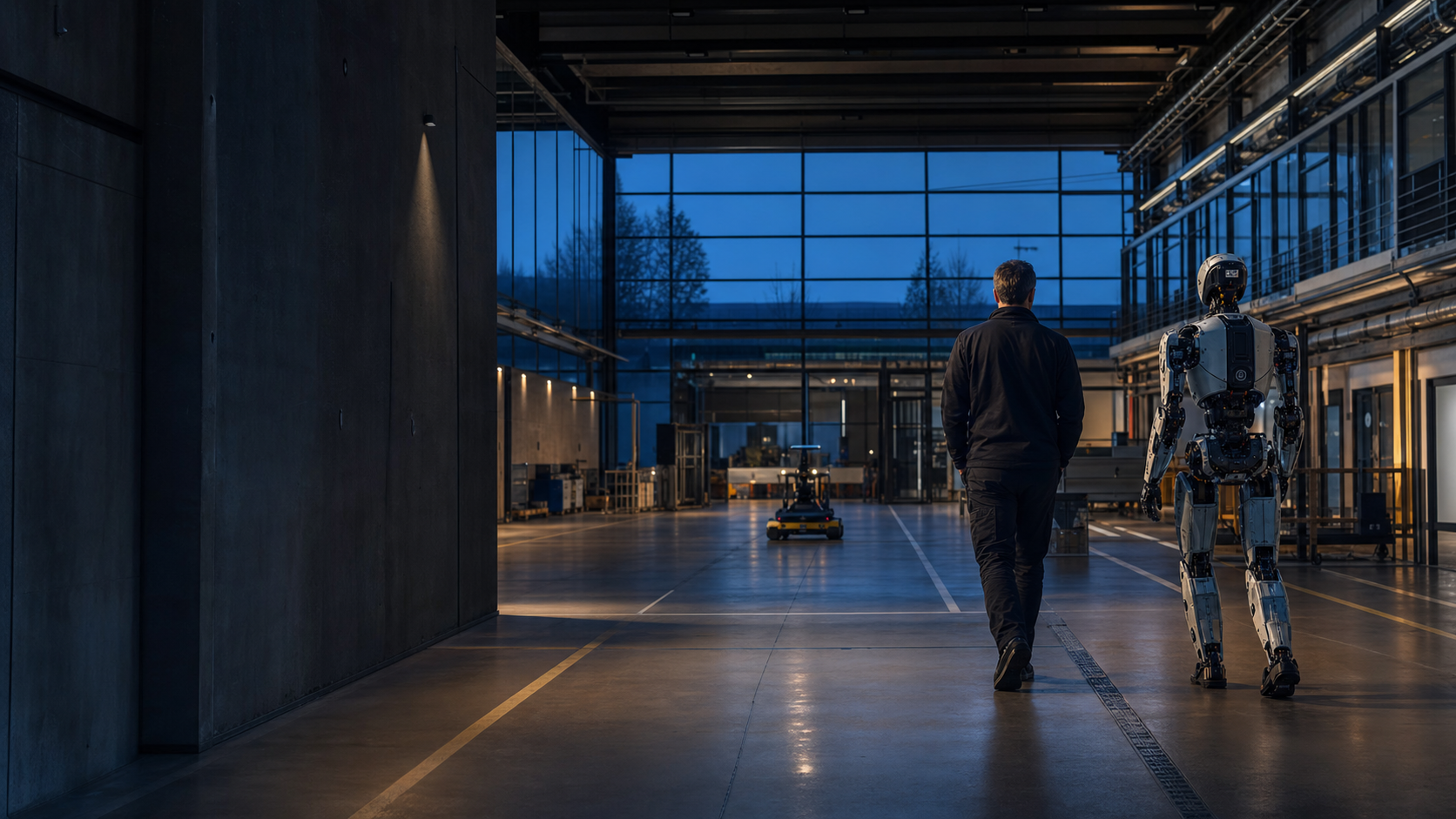 A robotics operator and humanoid robot walk through a blue-hour autonomous-systems test facility.