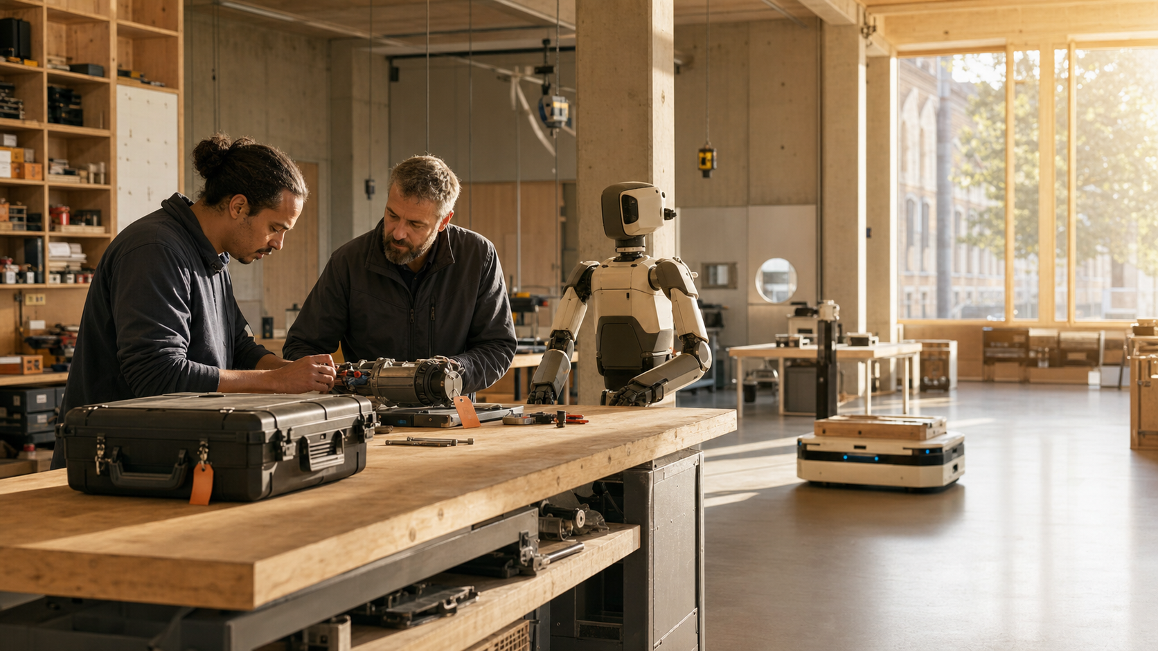 Two technical operators and a service robot work together around a shared task in a sunlit operations studio.