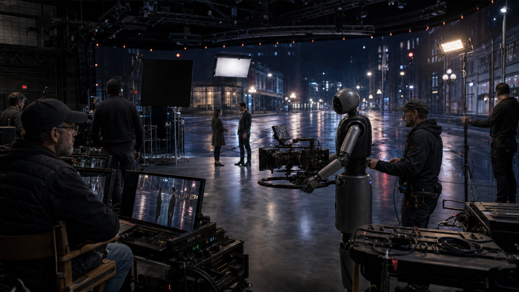 A humanoid camera operator and human film crew coordinate a live take on a virtual-production stage.