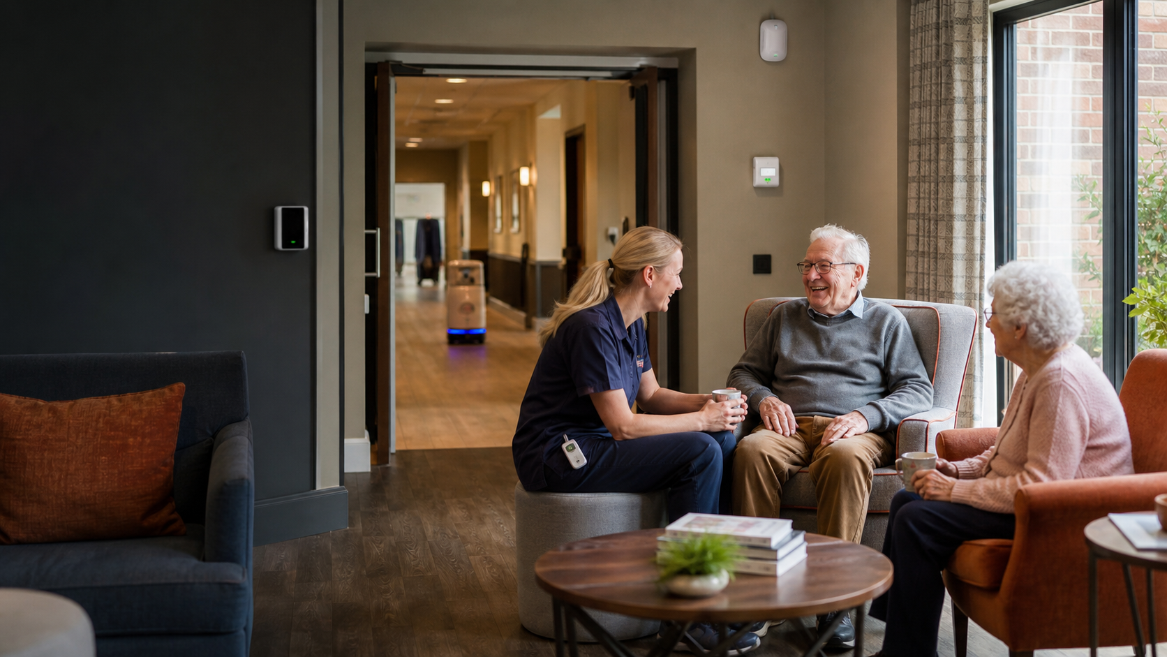 Residents and a care worker talk in a care-home lounge while connected technology remains in the background.