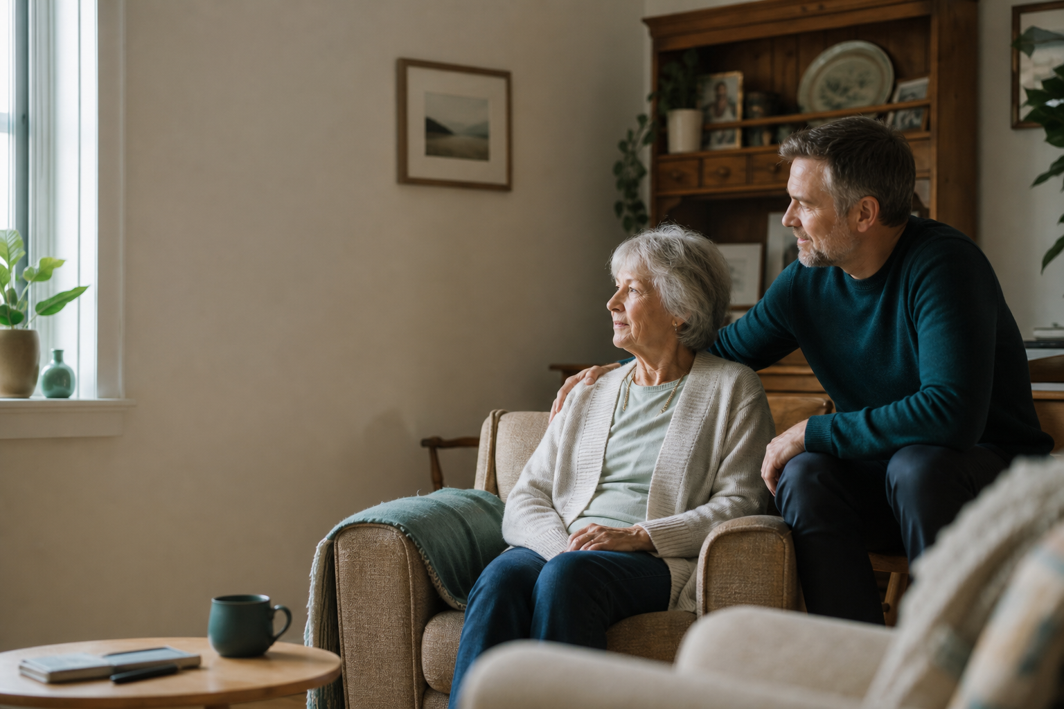 An older adult sits in a familiar home with a family member nearby, illustrating care coordinated around the person.